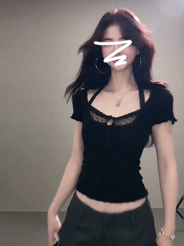 大码辣妹设计感蕾丝短袖T恤女夏季微胖黑色体恤胖MM遮肉显瘦上衣