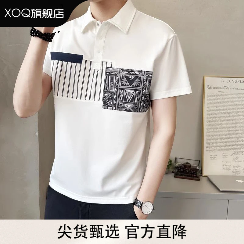 XOQ官方男士短袖t恤夏季2025新款衣服潮牌潮流高端拼接半袖polo衫