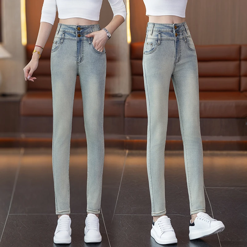 小脚裤韩版辣妹春秋高腰弹力修身提臀显瘦显腿长小脚铅笔牛仔裤女