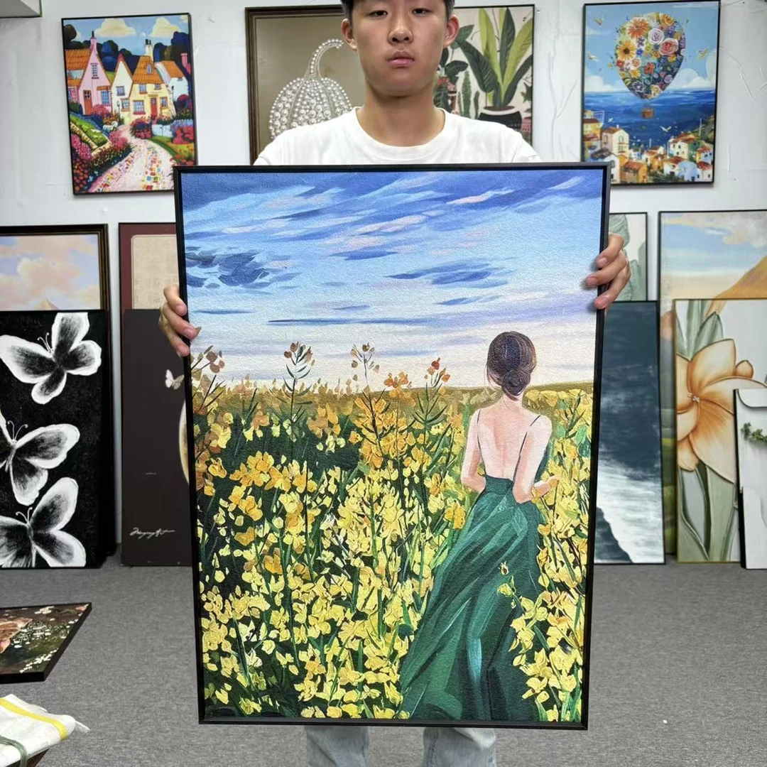 奶油风油菜花黄色人物装饰画轻奢高级适合客厅沙发背景墙5070