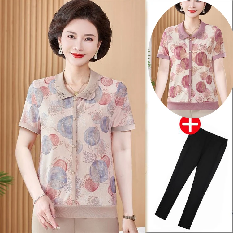中老年女装夏季薄款短袖T恤洋气妈妈装冰丝翻领透气上衣奶奶衣H