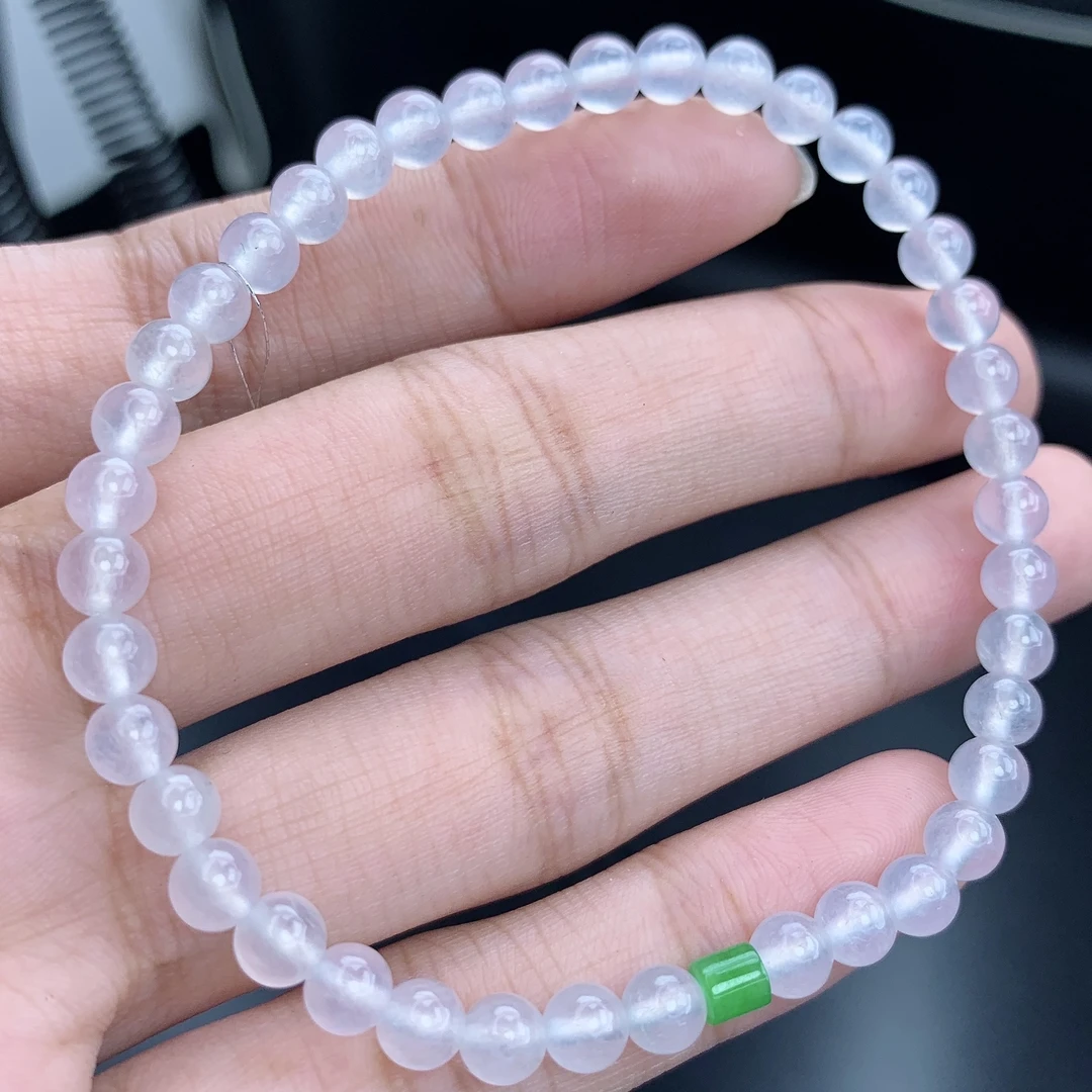 缅甸A货翡翠白冰圆珠手链手串单圈T卡5mm