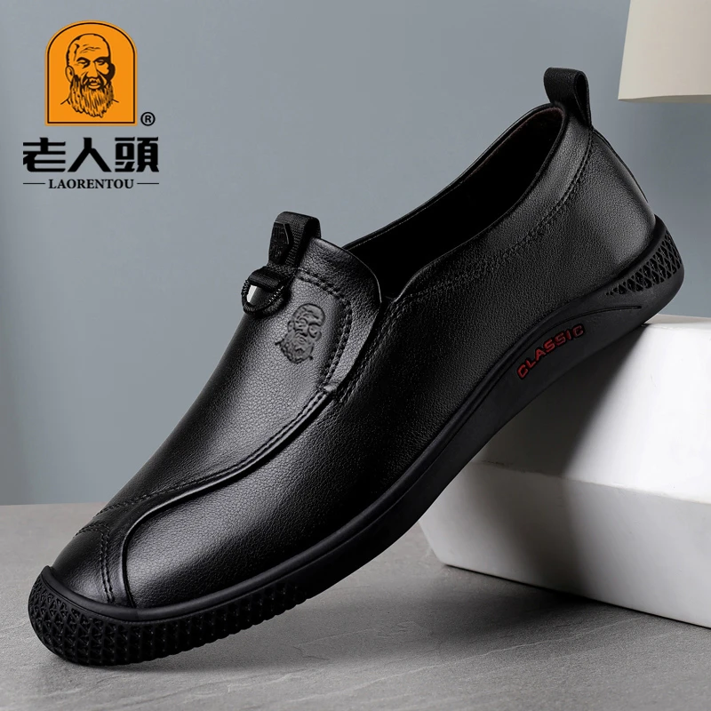 老人头皮鞋男款2025新款舒适软底休闲皮鞋轻便透气男鞋牛皮驾车鞋