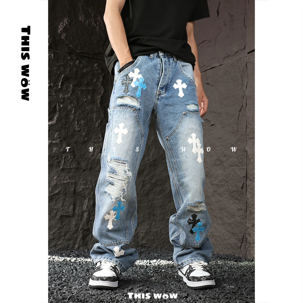 【克罗十字架排扣直筒裤】THISWOW蓝色宽松牛仔裤破洞伐木裤D1045
