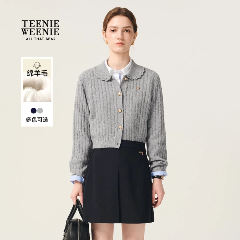 *TeenieWeenie小熊女装毛针织衫25秋新款花边翻领开衫TTCK254905W