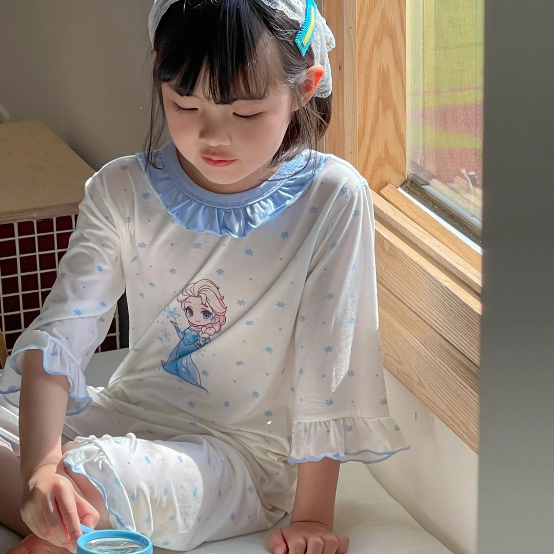 儿童公主风七分袖夏季莱赛尔空调服优可丝透气家居服套装薄款睡衣