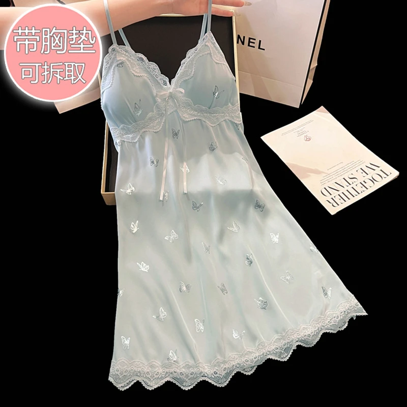 新款女士夏季吊带睡裙时尚烫银冰丝睡裙居家沐浴睡裙厂家货源批发