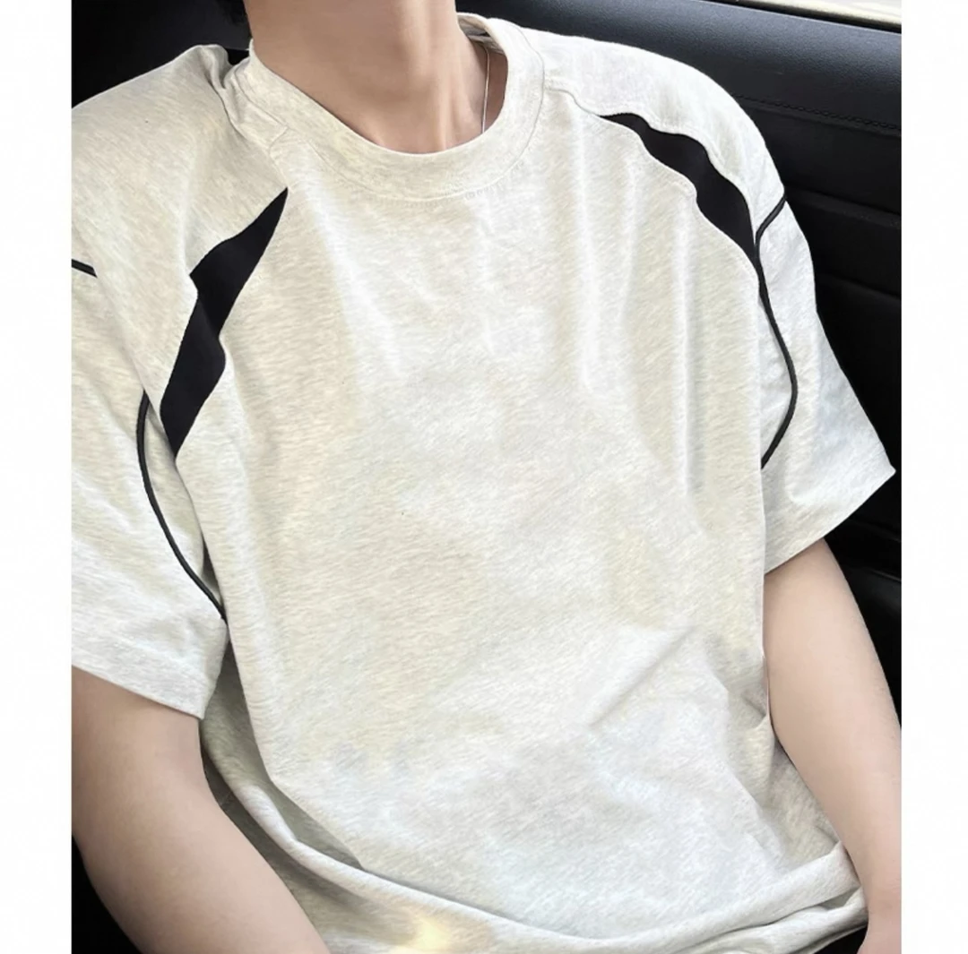 美式小众高级感拼接纯色短袖t恤男夏季简约百搭宽松纯棉条纹上衣