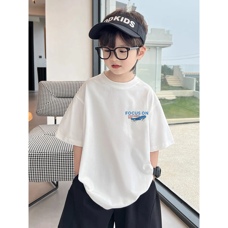 韩版A类夏季印花痞帅男童纯色T恤夏装休闲慵懒风男孩t恤帅气宽松