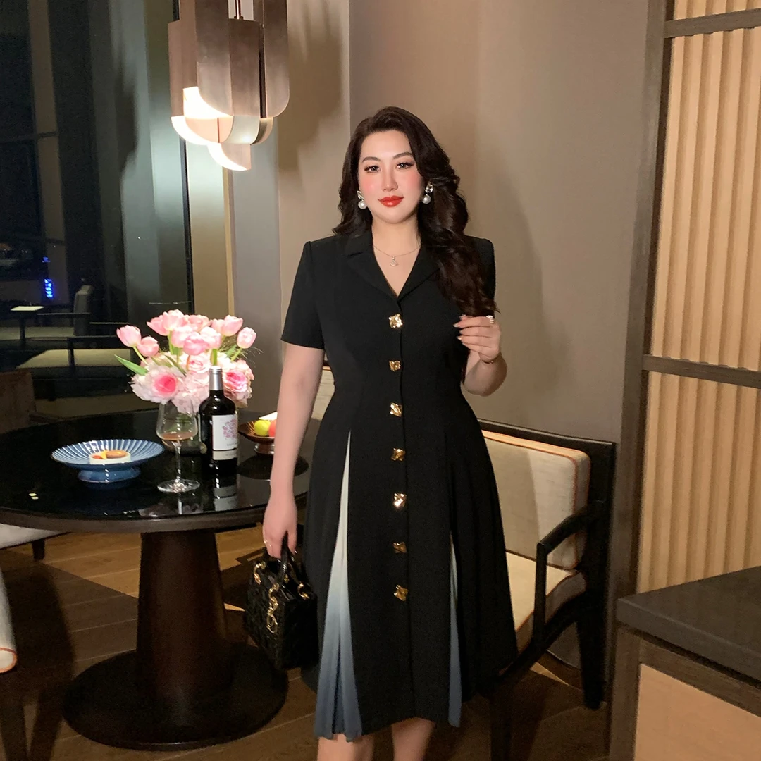 GLEC大码女装2024年新款重工设计赫本风拼接黑色西装连衣裙G770A