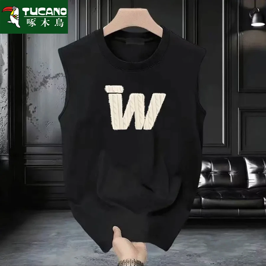 啄木鸟美式渐变高级设计纯棉重磅无袖t恤潮男士无袖圆领潮流休闲