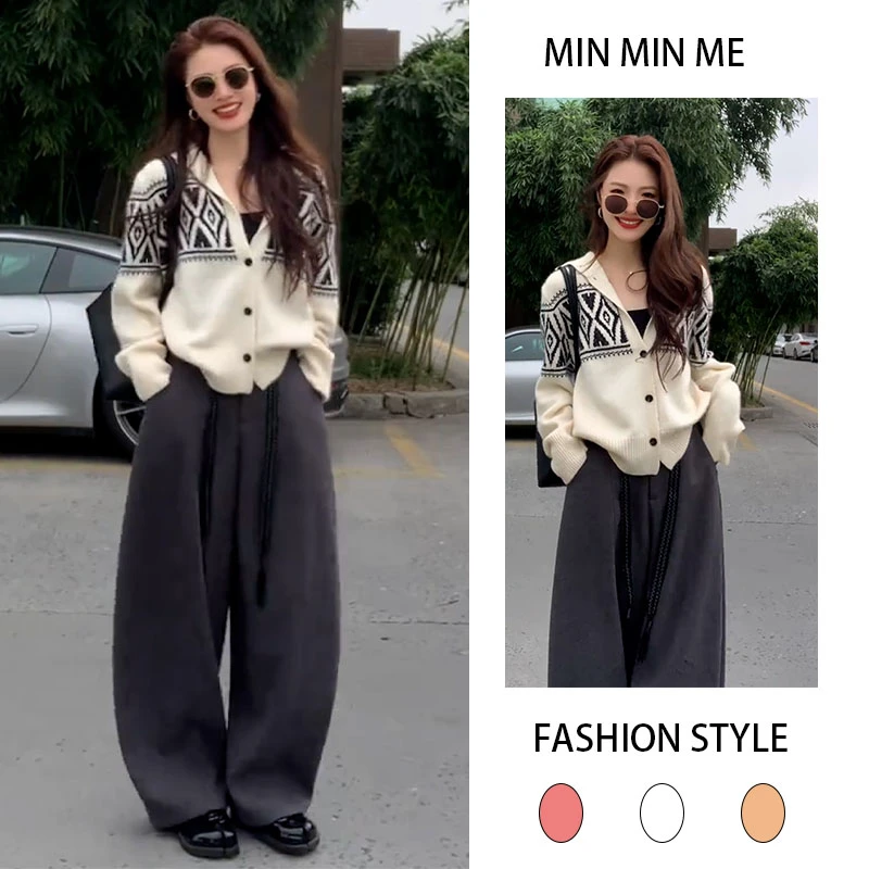 2025秋季新款设计感气质时尚百搭长袖开衫女搭配休闲阔腿裤两件套