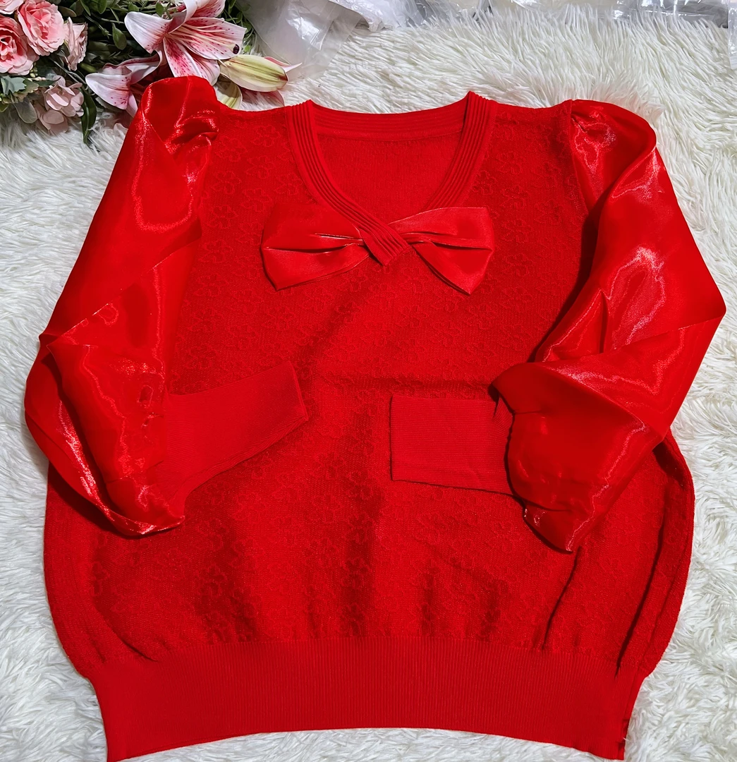 768505洋气宽松外穿V领蝴蝶结针织雪纺拼接百搭显瘦时尚长袖上衣