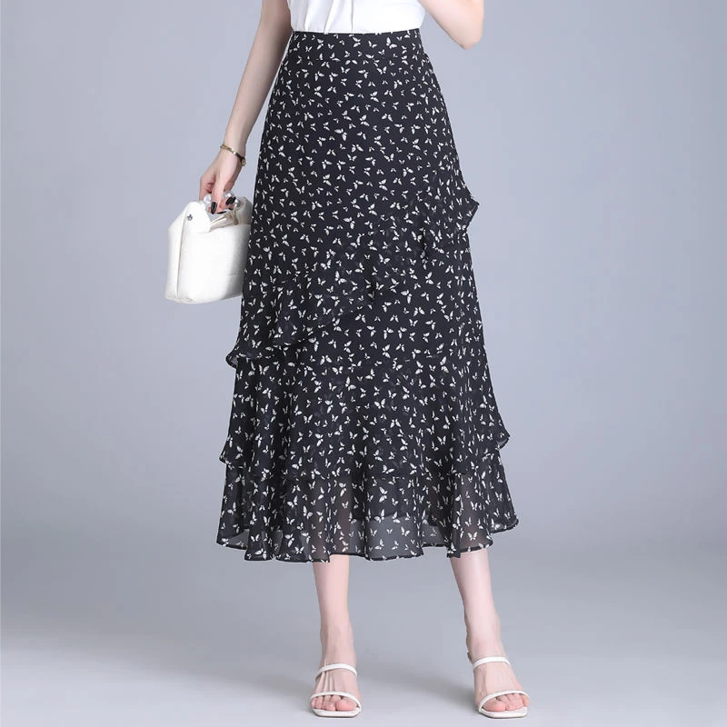 2025春夏新款女装小碎花雪纺半身鱼尾裙女夏季薄款女裙子中长款显