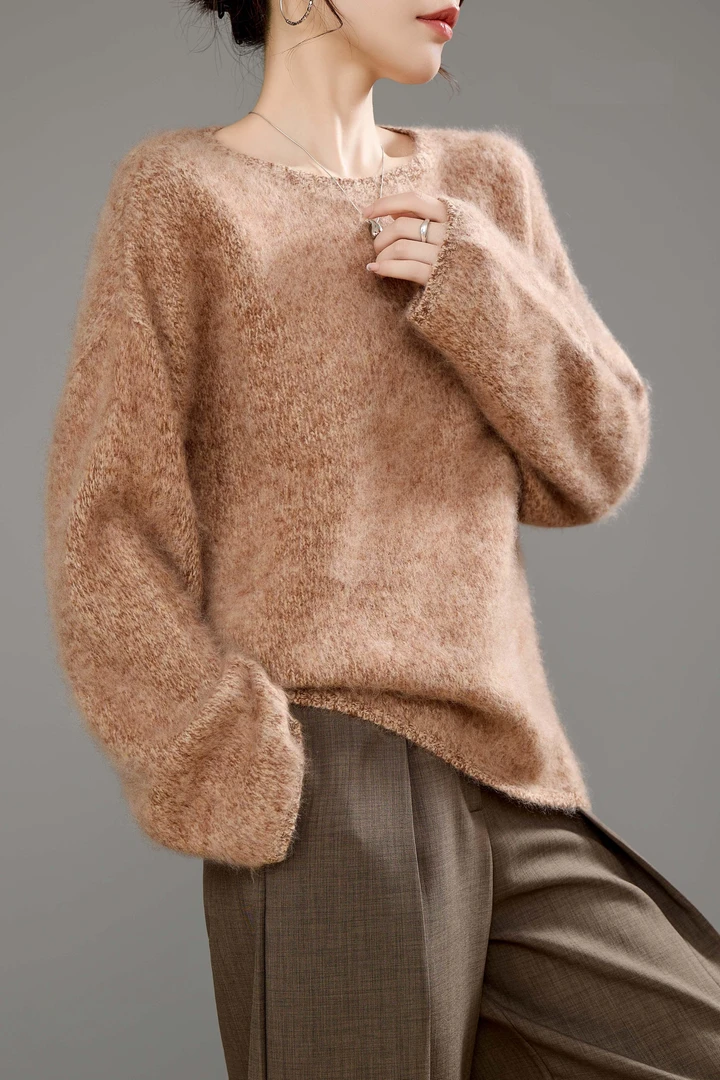 【wooly羊绒】花纱女衫圆领百搭宽松打底拉毛拉绒羊绒衫慵懒风加厚