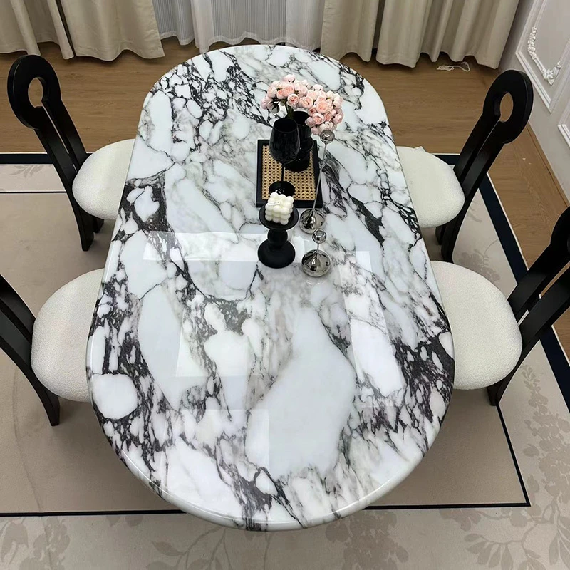 法式宝格丽餐桌大理石轻奢现代椭圆形餐桌椅组合家用小户型奶油风