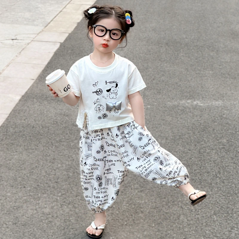 女童短袖套装洋气儿童夏季2025新款女宝宝防蚊裤两件套小女孩时髦