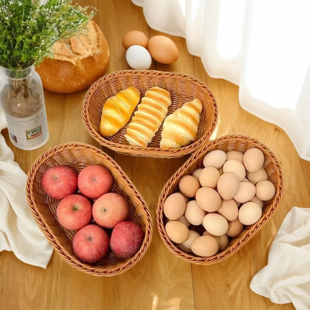 {买一送二}田园风手工仿藤编织收纳筐客厅家用可放水果椭圆三件套