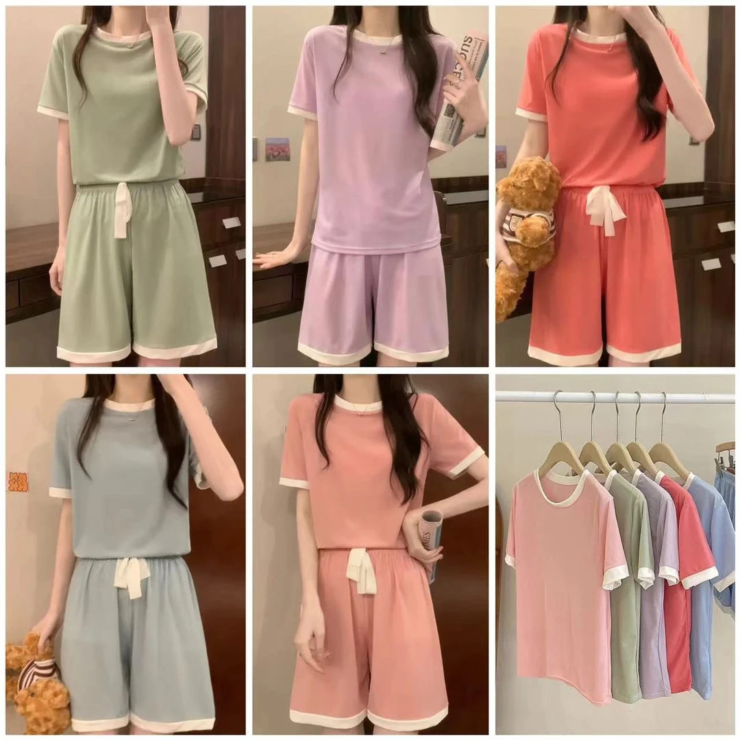 短袖套装冰丝睡衣夏季两件套大码套装薄款韩版甜美少女运动家居服