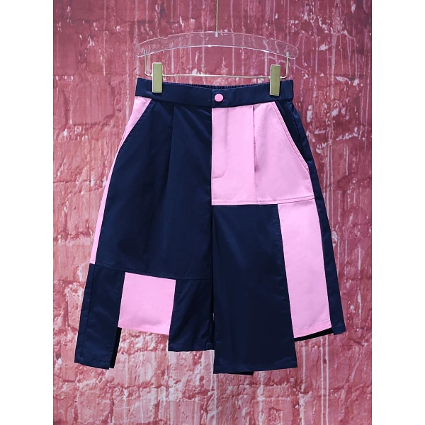 【韩哥女装】夏季小众设计师藏蓝撞粉拼接不规则休闲时尚短裤8331