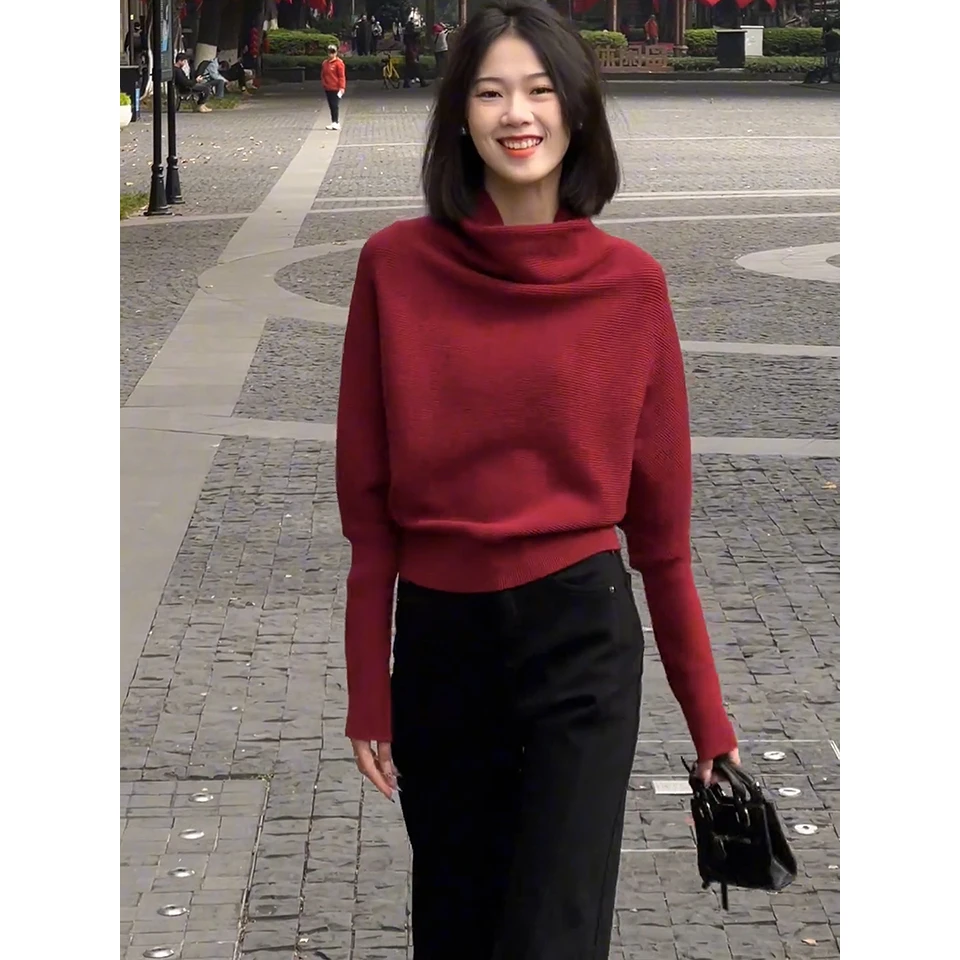 已到货 冬季新款设计感小众半高领堆堆领套头毛衣微燕麦色针织衫