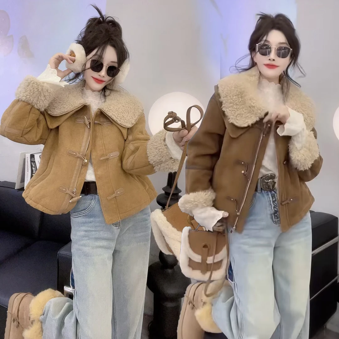 今年流行加绒保暖鹿皮绒外套女冬季2025新款洋气皮毛一体加厚上衣