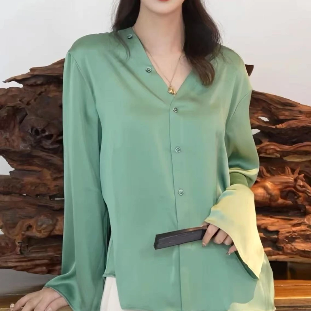 GIRDEAR/哥弟新款时尚V领衬衣宽松百搭简约垂感纯色衬衫130002