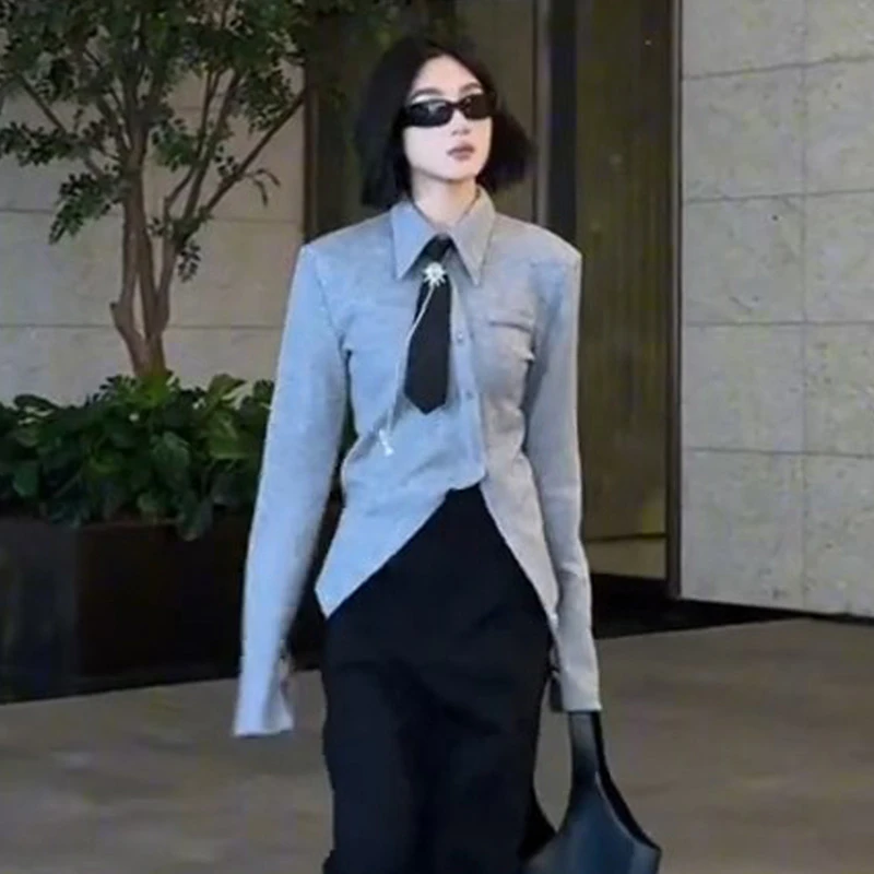 韩系气质设计感长袖领带衬衫女2026新款衬衣秋冬季不规则别致上衣