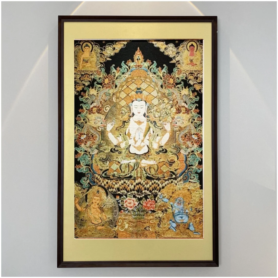 刺绣材质【四臂观音菩萨】挂画实木装裱办公室玄关茶室书房装饰画