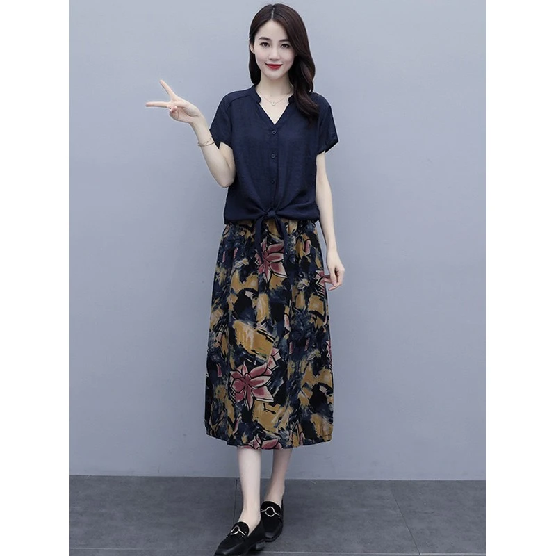 大码女装胖MM连衣裙套装夏宽松中年妈妈半身裙两件套裙子
