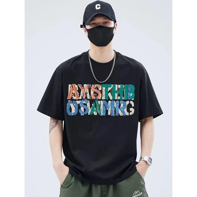 男士短袖夏季2025字母印花新款潮牌潮流彩绘宽松半袖体恤上衣爆款