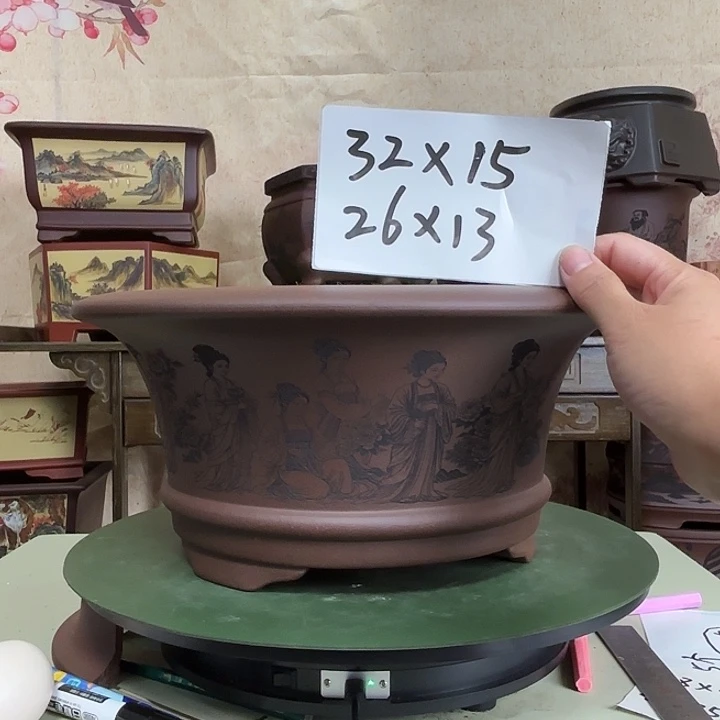 紫砂花盆刻绘十二钗
