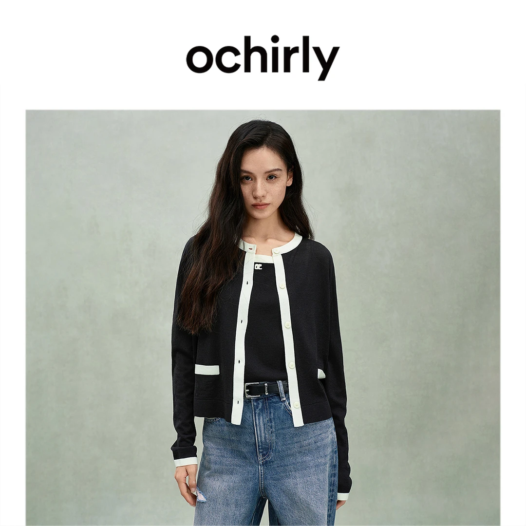ochirly欧时力100%羊毛小香风针织外套开衫上衣撞色春季2025新品