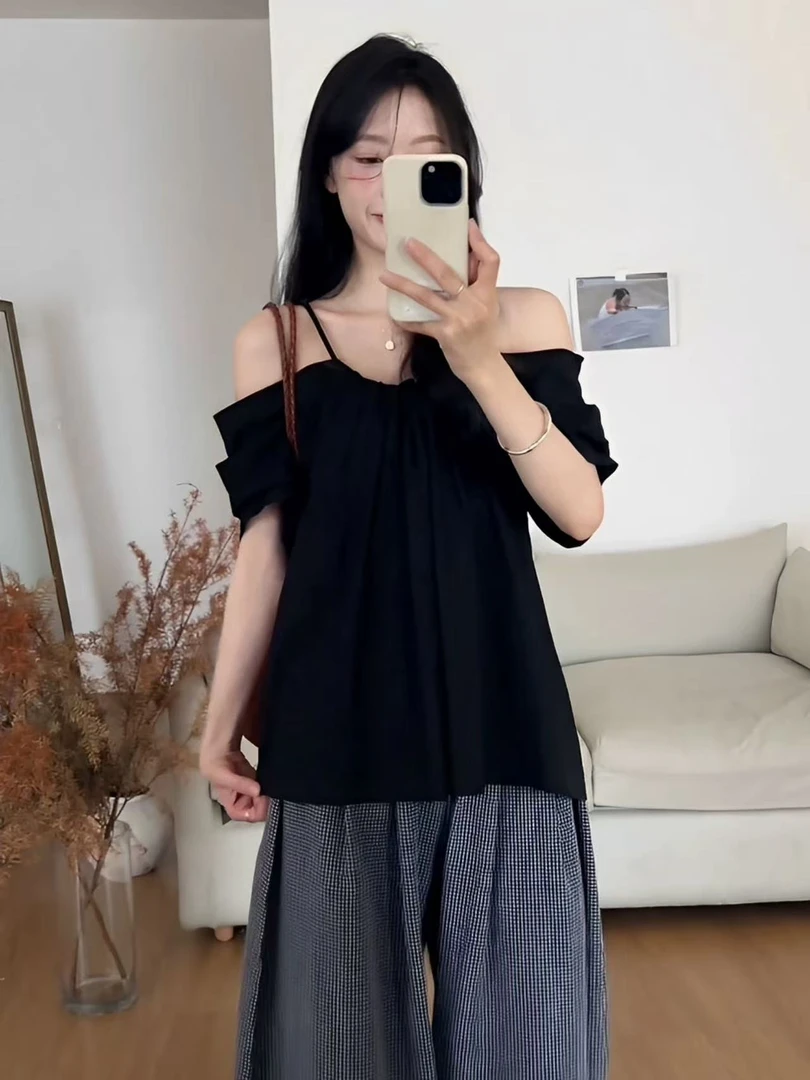 7088番外夏季新款时尚气质显瘦百搭超好看露肩减龄遮肉小衫女