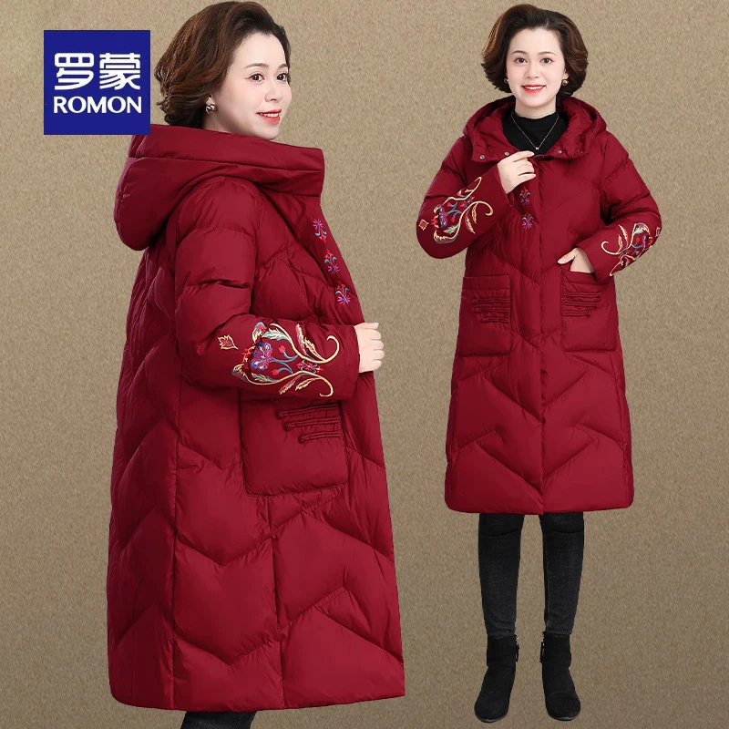 罗蒙中年妈妈装秋冬款外套棉衣中老年棉服加厚中长款喜庆红色棉袄