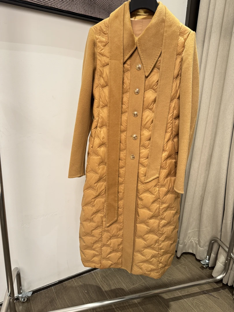 Q13 小众设计师秋冬简约双面呢拼接羽绒长款大衣外套经典驼色