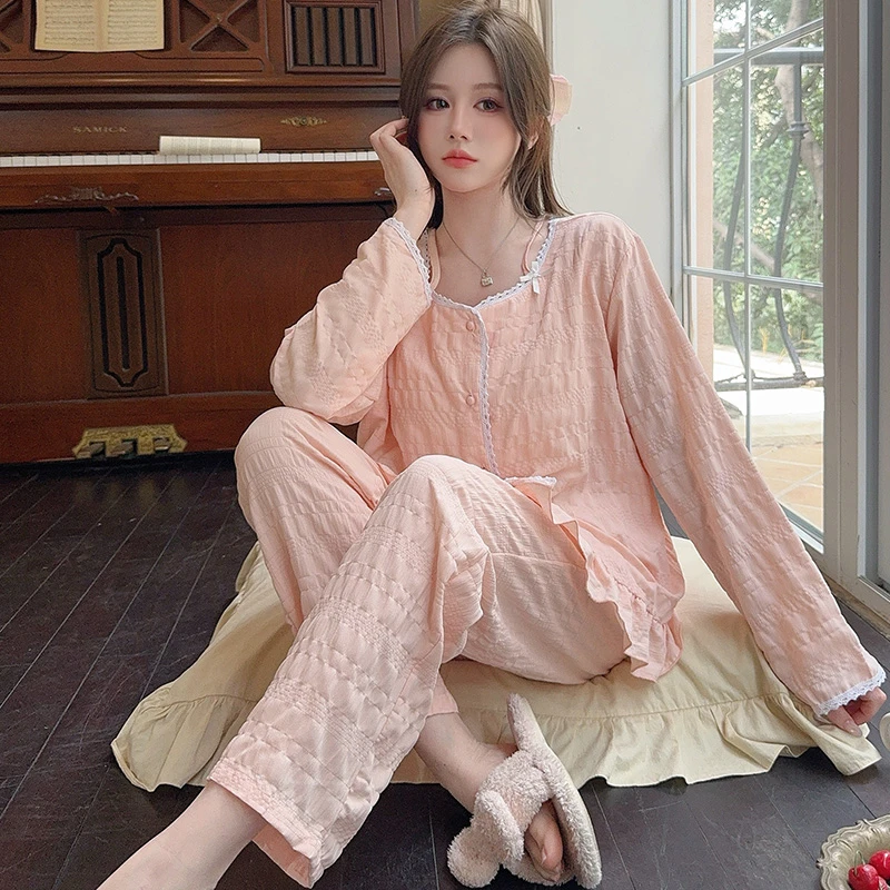 春季蝶结花边睡衣女款爆款新款甜美休闲外穿薄款带胸垫亲肤家居服