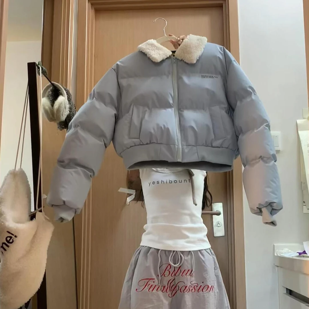 仿羊羔毛翻领韩系棉服女2025新款冬天短款小个子超好看厚外套棉袄