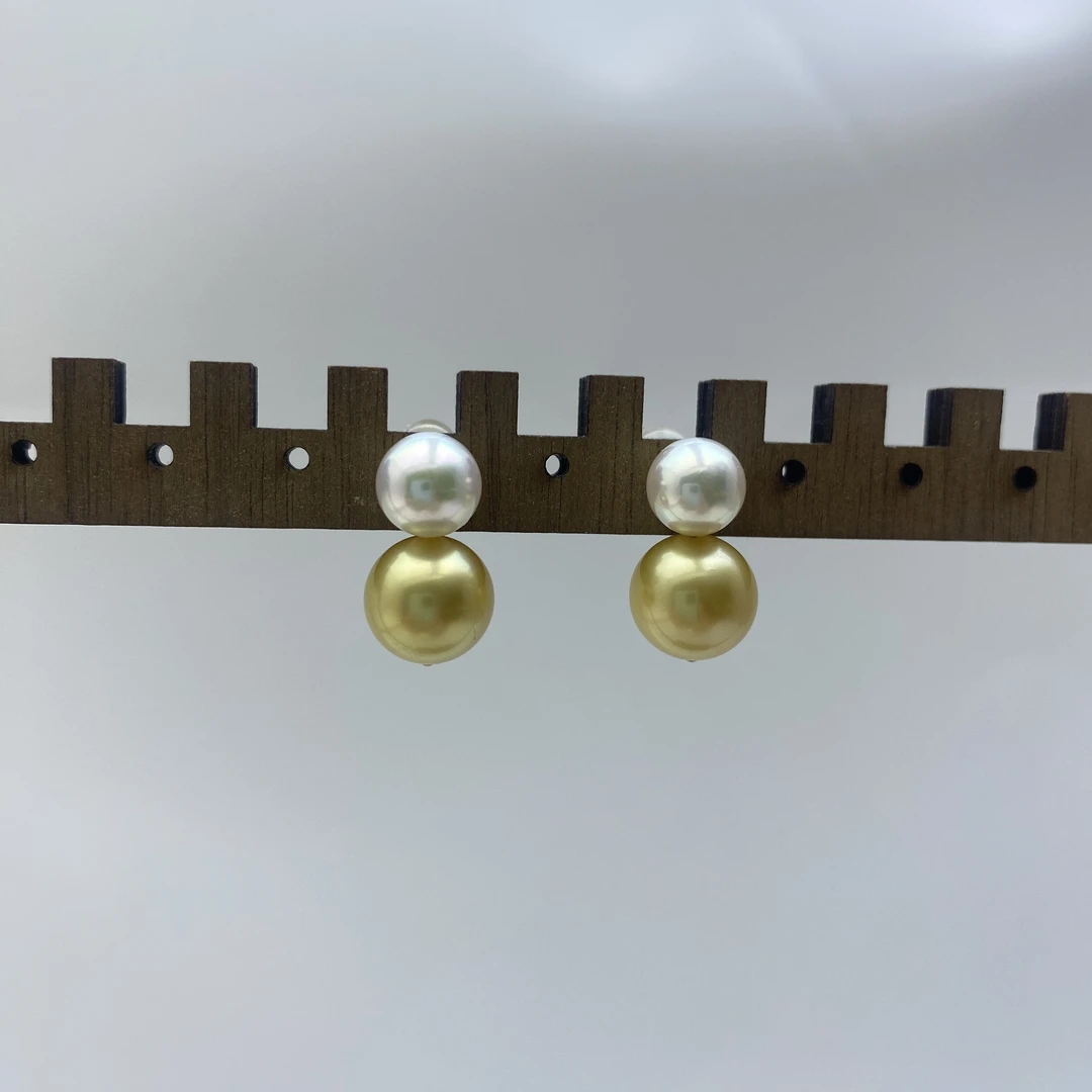 【奶皮子糖葫芦】akoya 南洋金珠 拆茶金9-10mm 18k金 海水珍珠耳钉