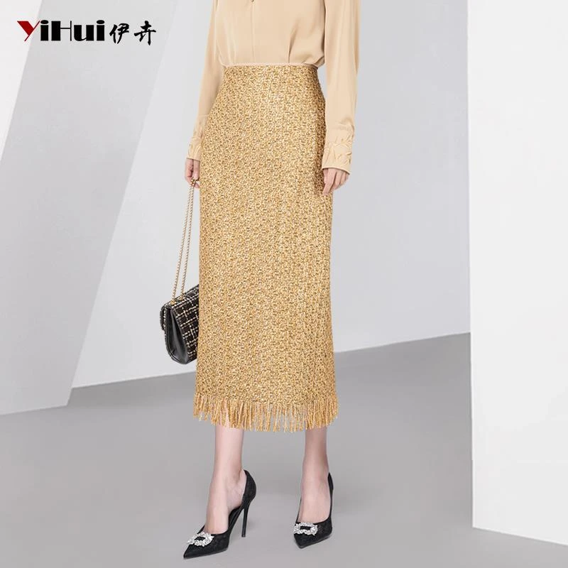 YIHUI伊卉设计感提花半身裙女亮片金色时尚包臀一步裙BL245259