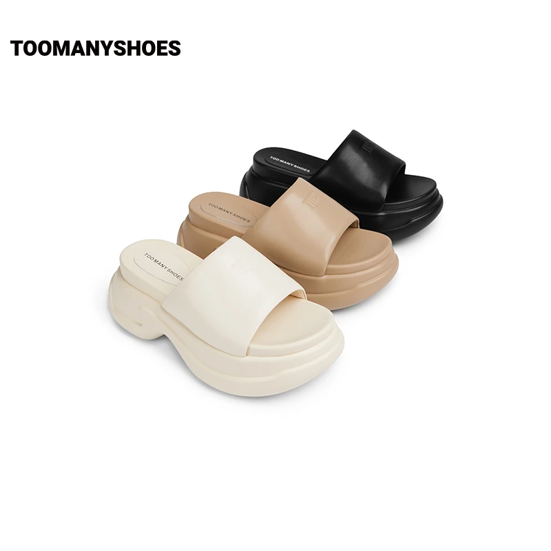 【夏日新款】Toomanyshoes拖鞋2025豆沙松糕一字厚底增高凉拖女外穿
