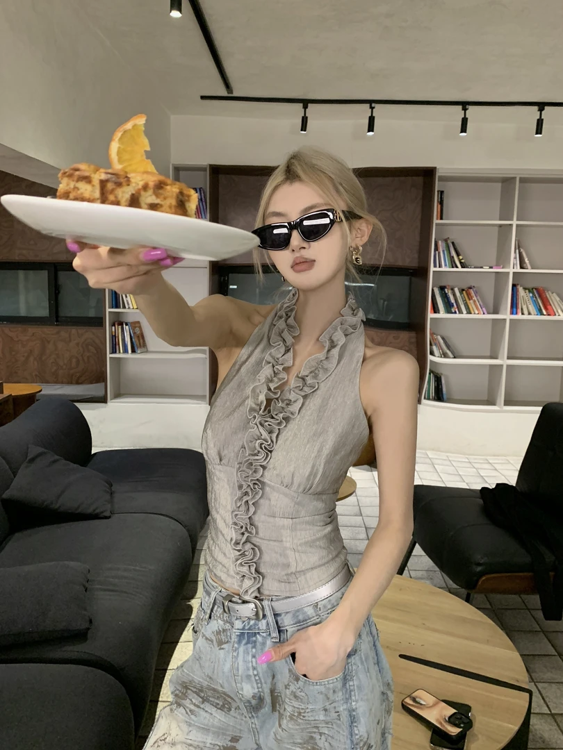 【福利款NO退换】辣妹纯欲风花边挂脖吊带背心上衣女 8341