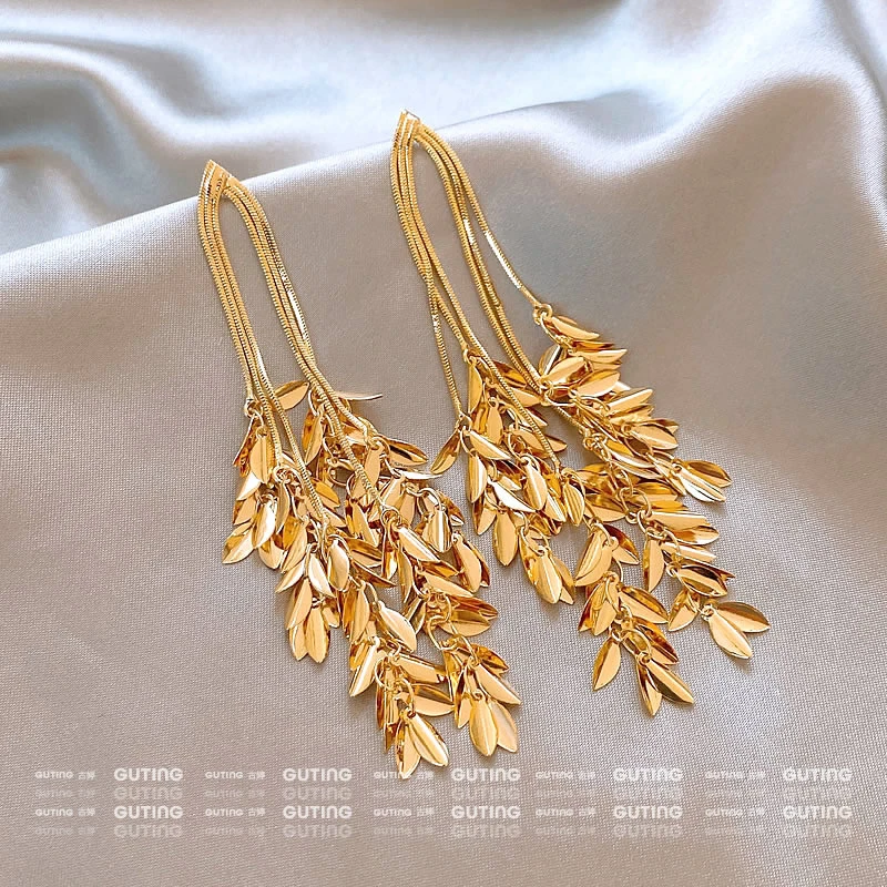 铜合金耳饰 19230亮闪闪丰收麦穗流苏耳环女方圆脸耳饰御姐风耳钉