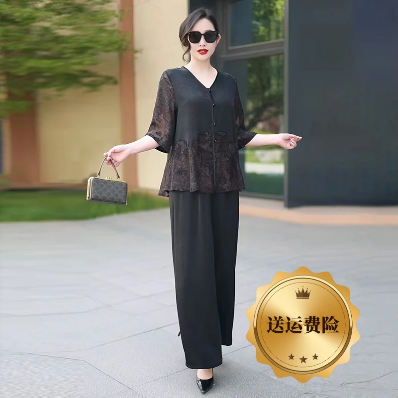 H夏季经典2025原创大码贵夫人气质套装宽松显瘦减龄洋气真丝套