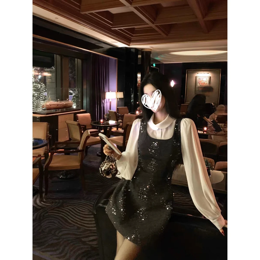 珠片绣花小香千金收腰短裙连衣裙小立领衬衫秋季时尚两件套装