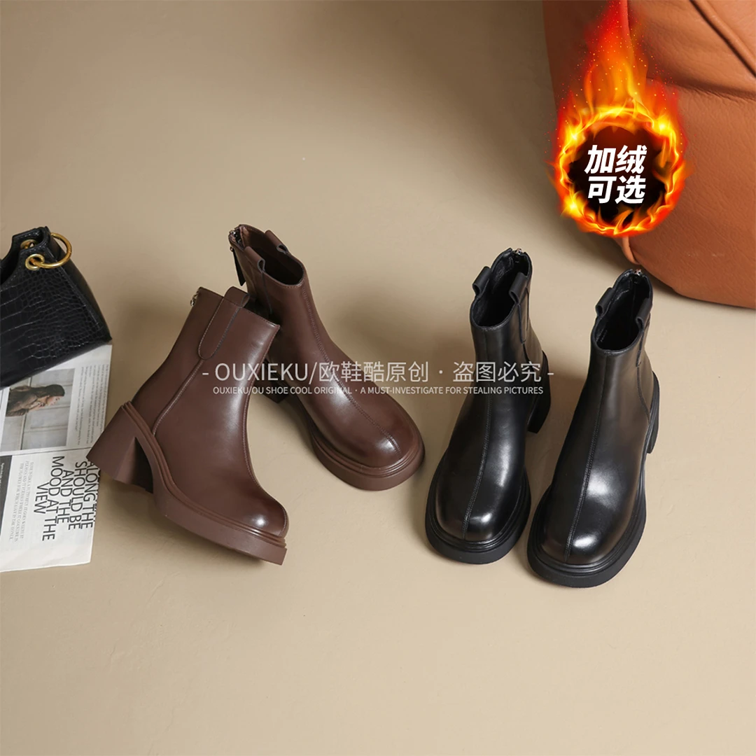 新款短靴A-1056冬季加绒瘦瘦靴时尚百搭真皮复古粗跟厚底英伦风