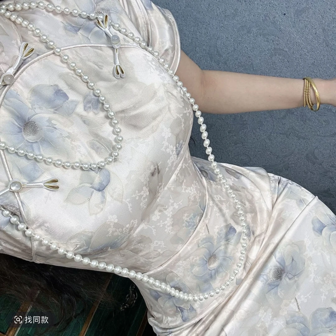 【蓝茶】短袖自制新中式国风清冷感旗袍连衣裙