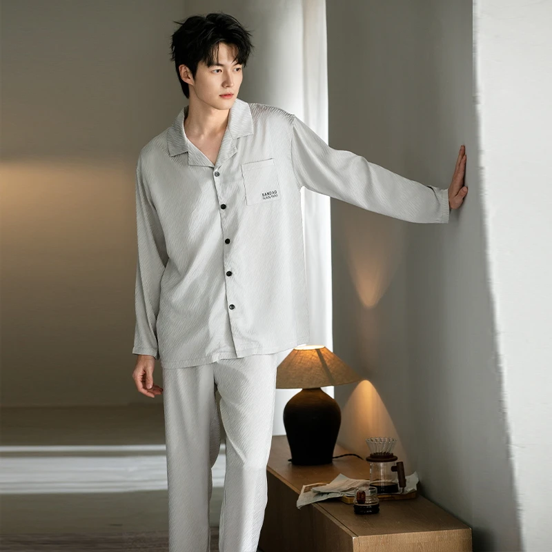 春夏季新款冰丝睡衣男长袖长裤翻领开衫宽松大码男士家居服套装