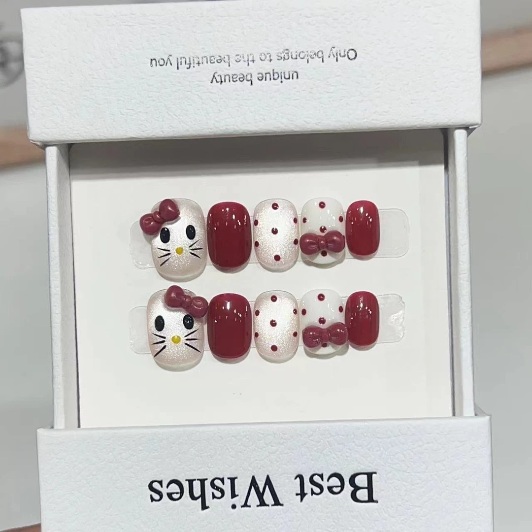 手工穿戴甲ins可爱猫眼kitty猫喜庆红色节日美甲假指甲可拆卸甲片