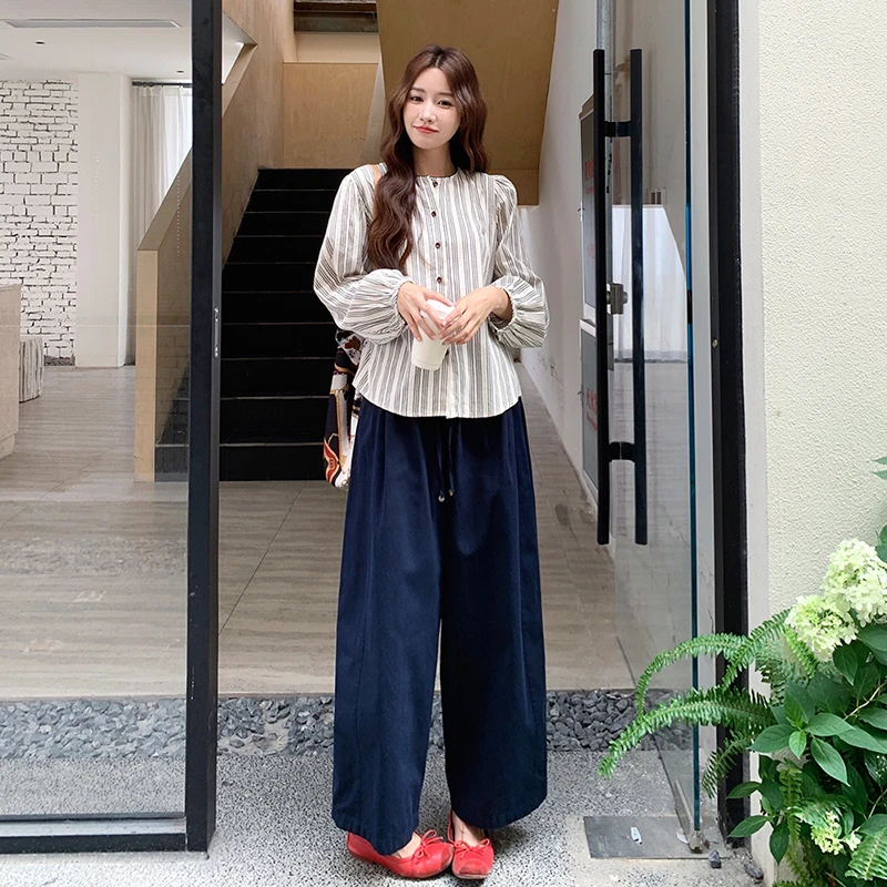 韩系条纹衬衫阔腿裤两件套女2025早秋新款慵懒风休闲宽松减龄套装